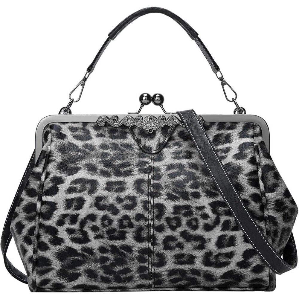 Women's Leopard Grey Vegan Leather Kiss Lock Satchel Evening Crossbody Clutch